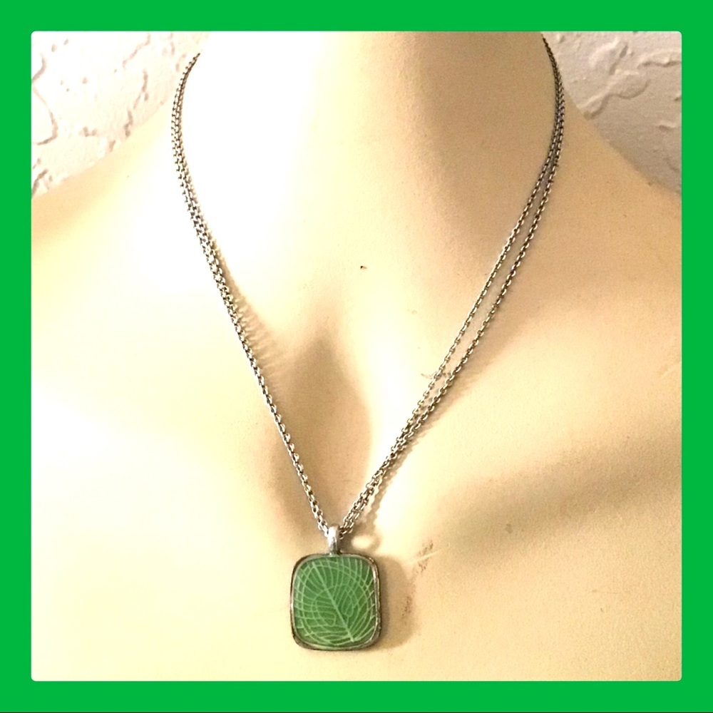 Baked Beads Green Enamel Leaf Pendant Necklace